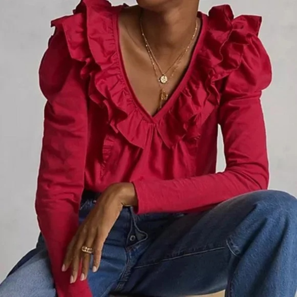 anthropologie dark pink ruffle long sleeve v-neck top